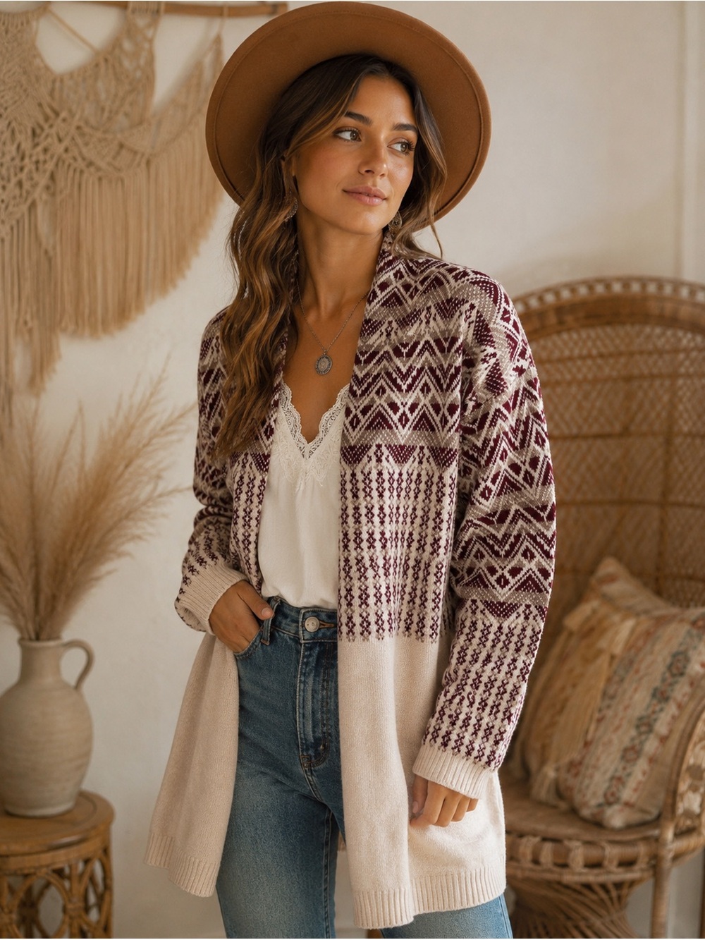 Gilded Intent Burgundy & Cream Boho Cardigan Sweater